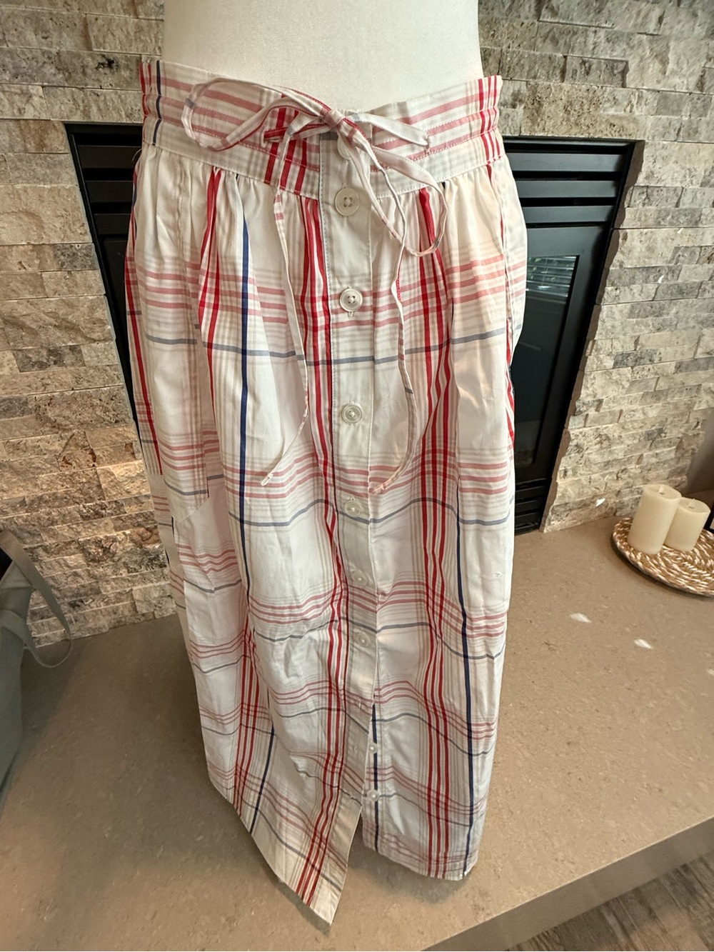 Women’s White Plaid Button-Front Maxi Skirt with Tie Waist- Free Assembly